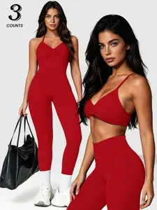 3-Piece Women's Seamless Short Top Set, Sporty High-Waist Tight Pants, Detachable Pads, Ideal for Yoga, Dance, All Seasons