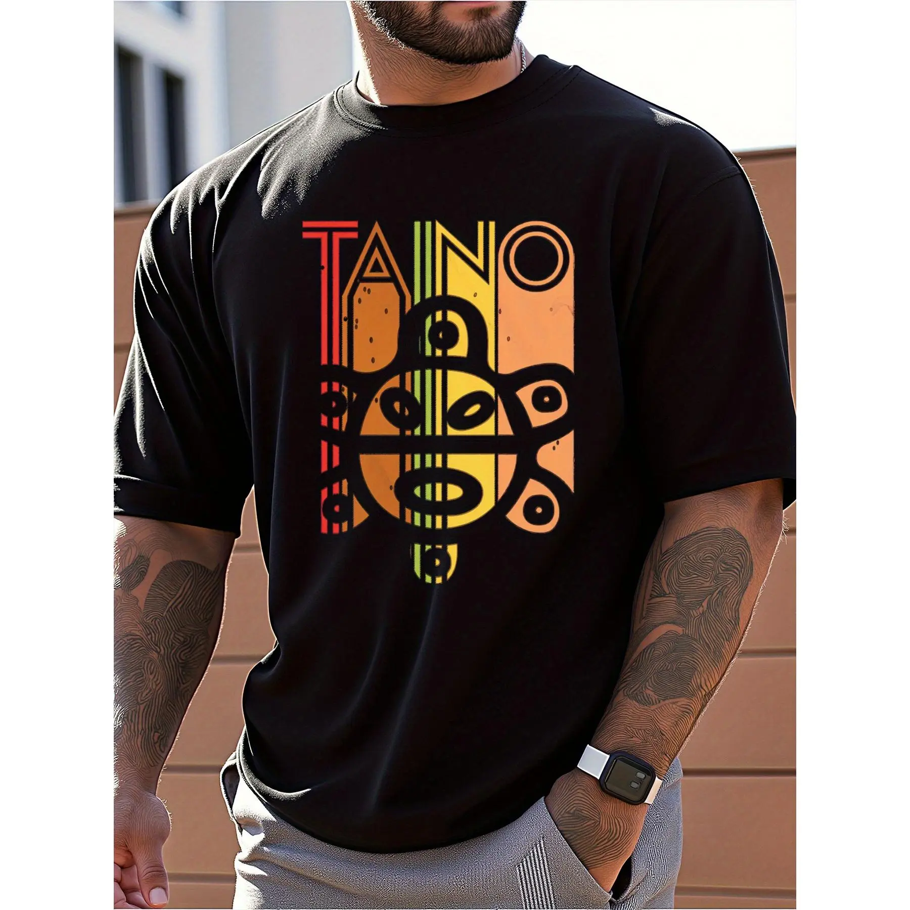 Men's TAINO Totem Print Short Sleeve T-Shirt - 100% Cotton Breathable Regular Fit Casual Tee with Vibrant Tribal Design for Summer, Travel & Daily Leisure, Summer Outfit, Cultural Style, Soft Texture, Print Shirt, Summer Wardrobe