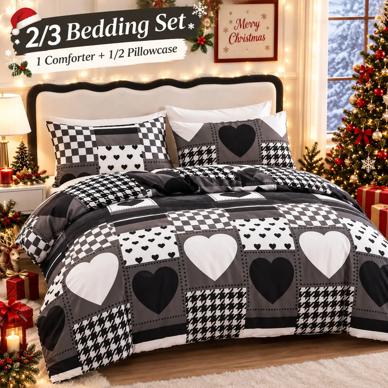 Cozy Patchwork Bedding Set (2/3Pcs) - Geometric Heart Dot Print Duvet Cover, Ultra-Soft Brushed Microfiber, Hidden Zipper & Corner Ties, Twin/Queen/King Sizes, Bedroom Use, Ideal Christmas Gift