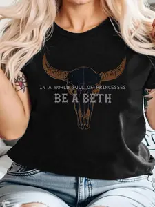 Women's Bull Head & Letter Print Round Neck Graphic Tee, Vintage Trendy Casual Short Sleeve T-shirt for Daily Wear, Ladies Summer Outfit