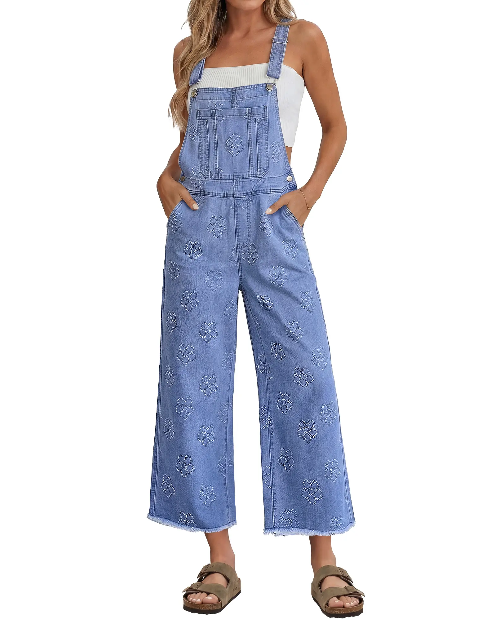 Luvamia Women's Soft Fabric Vintage Cute Capri Cut Overalls - Adjustable Strap, Wide Leg Bib Jumpsuit, Loose Fit, Floral Embroidery, Raw Hem, Summer Fabric, Casual, Overalls For Women