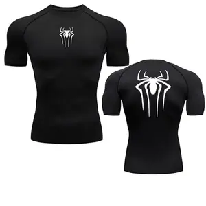 Raw Street Wear Summer Men's Fitness Quick Dry T Shirts Spider Print Athletic Compression Shirts Breathable Casual Short Sleeve Tight Tees Y2K
