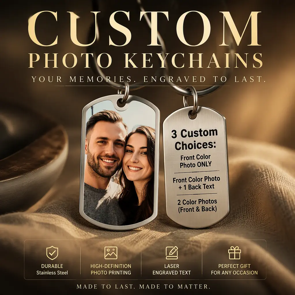 Custom Photo Keychain in Premium Stainless Steel with Fade-Resistant Printing - 3 Options: Single, Photo + Text, Double Sided - 2.0" x 1.1" - Perfect Gift for Any Occasion