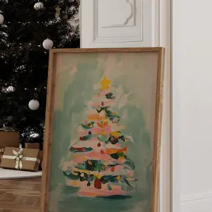 Boho Christmas Tree Art - Pastel Green Vintage Style Wall Decor for Festive Homes, Colorful Holiday Print for Cozy Christmas Vibes, 1692, Room Decor, Unframed –  5 Sizes (8x12–27x40 inch)