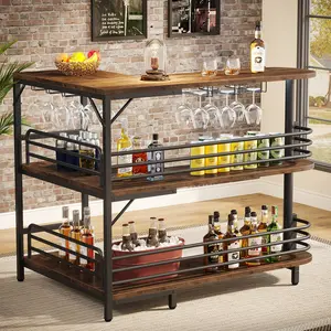 LITTLE TREE L-Shaped Home Bar Unit, 3 Tier Liquor Table With Storage Shelves and Wine Glasses Holder, Industrial Corner Wine Cabinet Mini Bar for Home Kitchen Pub