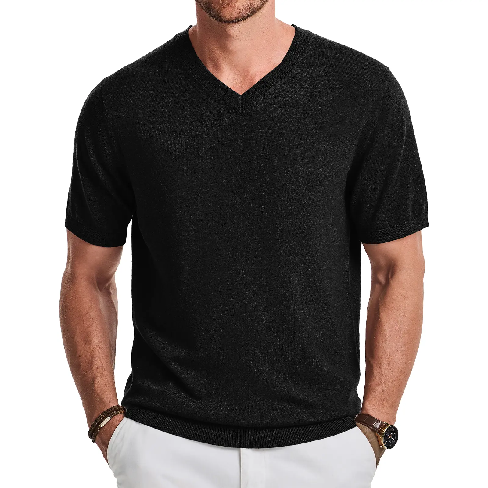 JMIERR Men's Wool Blend Short Sleeve V-Neck Sweater Soft Textured Knit Pullover for Business Casual Wear