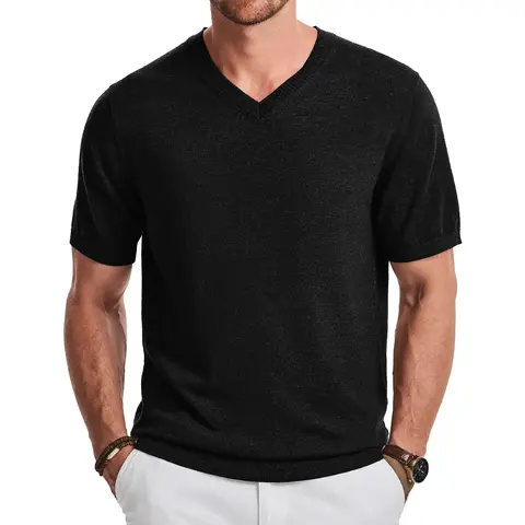 JMIERR Men's Wool Blend Short Sleeve V-Neck Sweater Soft Textured Knit Pullover for Business Casual Wear