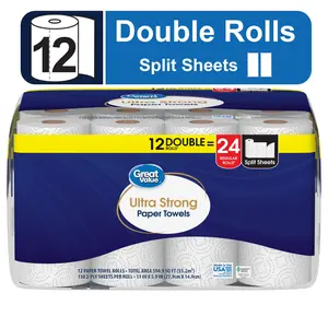 Great Value Ultra Strong Paper Towels - White, 12 Double Rolls, Extra-Large and Durable for Tough Messes