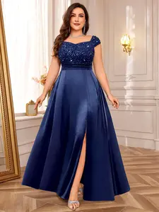 Missmay P54362A Women's Plus Size Sequin Lace Off Shoulder Satin Split Thigh Formal Evening Party Maxi Dress Normal Type Womenswear Formal Dress