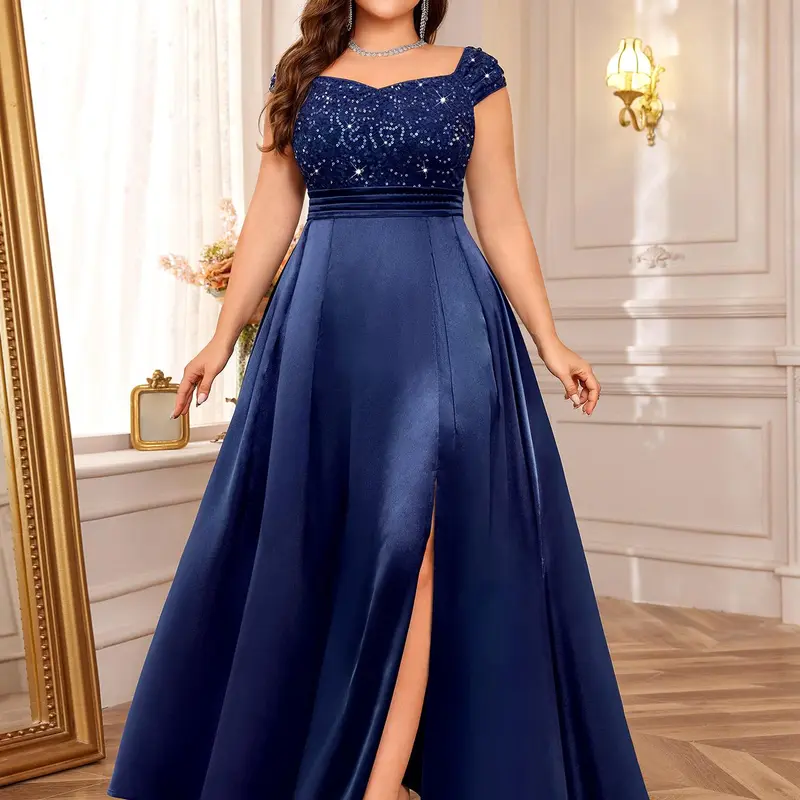 missmay Plus Size Formal Gown P54362A - Women's Sparkly Sequin Lace Off-Shoulder Short-Sleeve A-Line Satin Max Garment with Side Slit, Formal Wear, Plus Size Dresses, Anniversary Attire