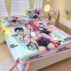3-Piece K-pop Anime Girl Group Idol Fitted Sheet Set, Complete Set, 1 Fitted Sheet + 2 Pillowcases, Soft Breathable Fabric, Deep Pocket Non-Slip Mattress Cover, All Season Kawaii Cartoon Bedding, Ideal for Kids Girls Teens Bedroom Decor or Gift