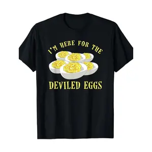 Humorous Deviled Egg T-Shirt Featuring I'm Here for the Deviled Eggs Phrase with Yolk and White Design Perfect for Easter Gatherings and Casual Outings