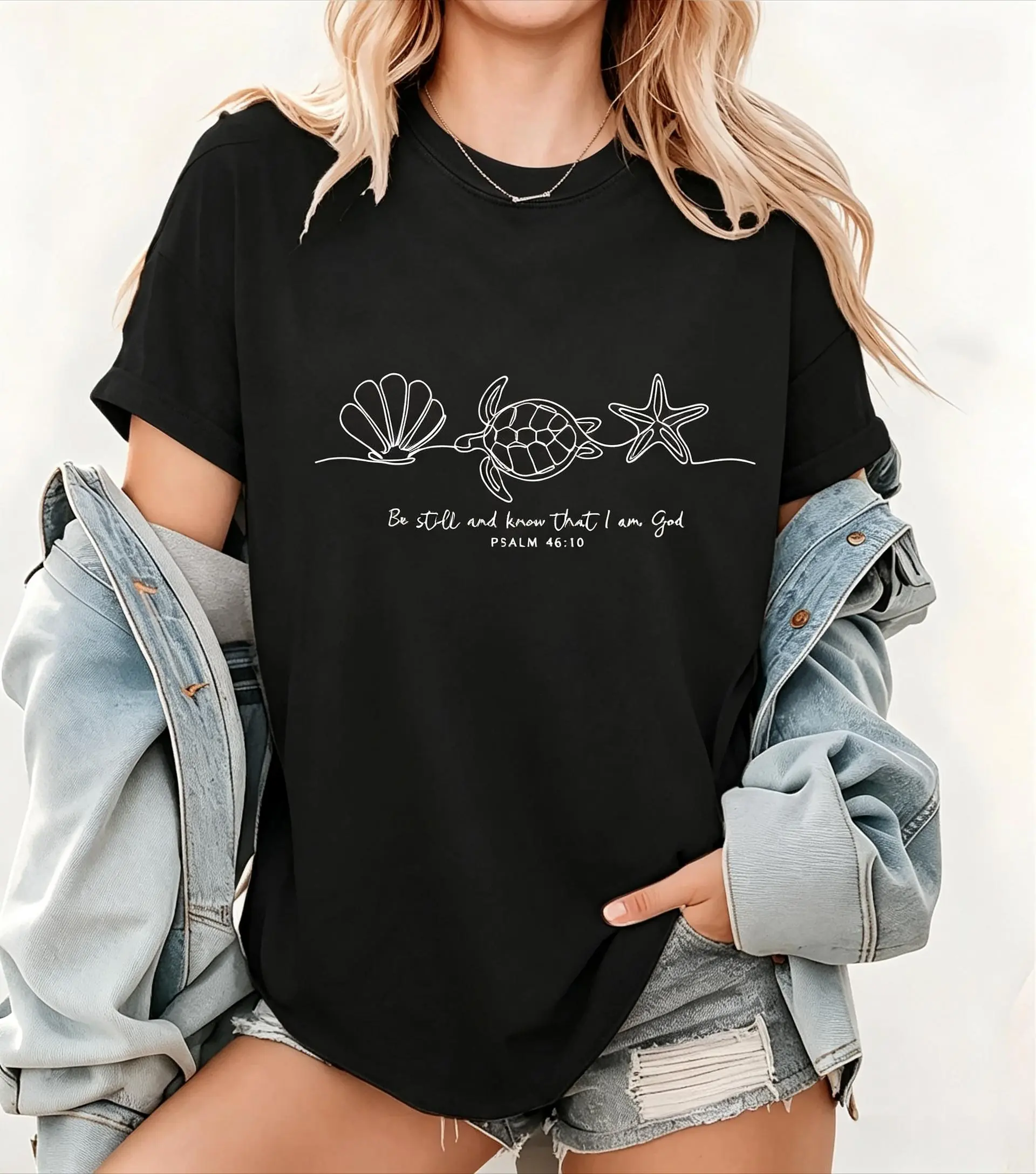 Be Still and Know That I Am God T-Shirt, Bible Verse Christian Graphic Tee, Seashell Sea Turtle Starfish Shirt, Coastal Faith Apparel, Inspirational Beach Gift for Women