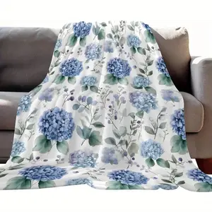 Soft Warm Lightweight Blue Hydrangea Floral Flannel Throw Blanket 280GSM Fabric Bed Sofa Camping All Season Comfort Easy Care Single Sided Print Decorative Room Accessories