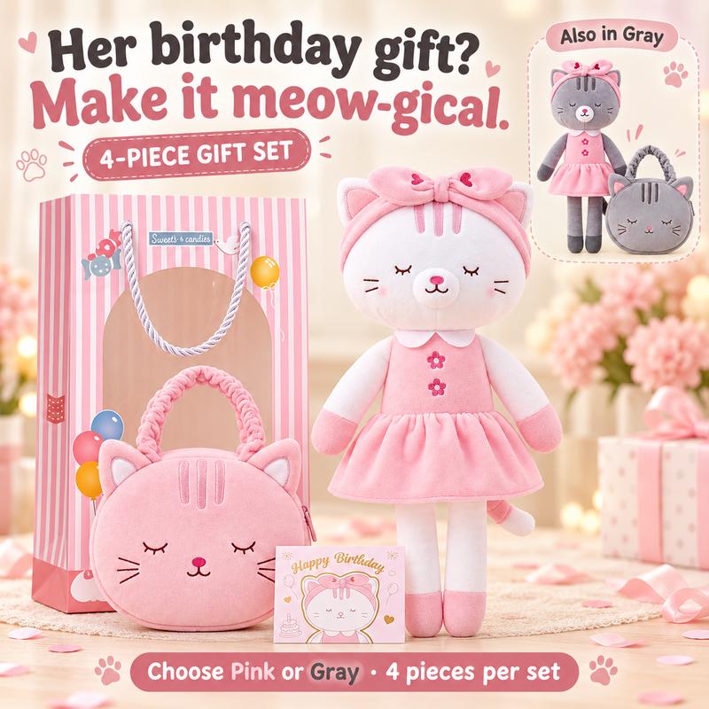 2pcs Pink Kitty Plush Doll & Handbag Gift Set, Soft Cuddly Stuffed Animal for Girls 0-6 Years, Perfect Birthday Present, Christmas Holiday Gift, Toddler Stocking Stuffer & Meow Party Keepsake Decor