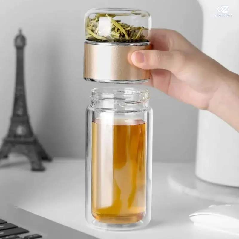 500ml Double-Layer Insulated Glass Tea Brewing Cup with Strainer, Creative Water-Separation Design, Outdoor Camping Picnic Office Home Mug for Gift Giving