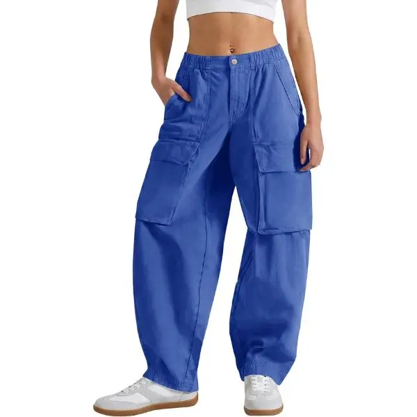 Fisoew Womens Barrel Baggy Cargo Pants Casual High Waisted Wide Leg Hiking Joggers with Pockets