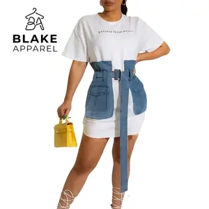 Women's Denim Sewn Belt Dresses, Casual Loose Shortsleeve Shirts, Casual Wear Clothes with White/Black Color Options