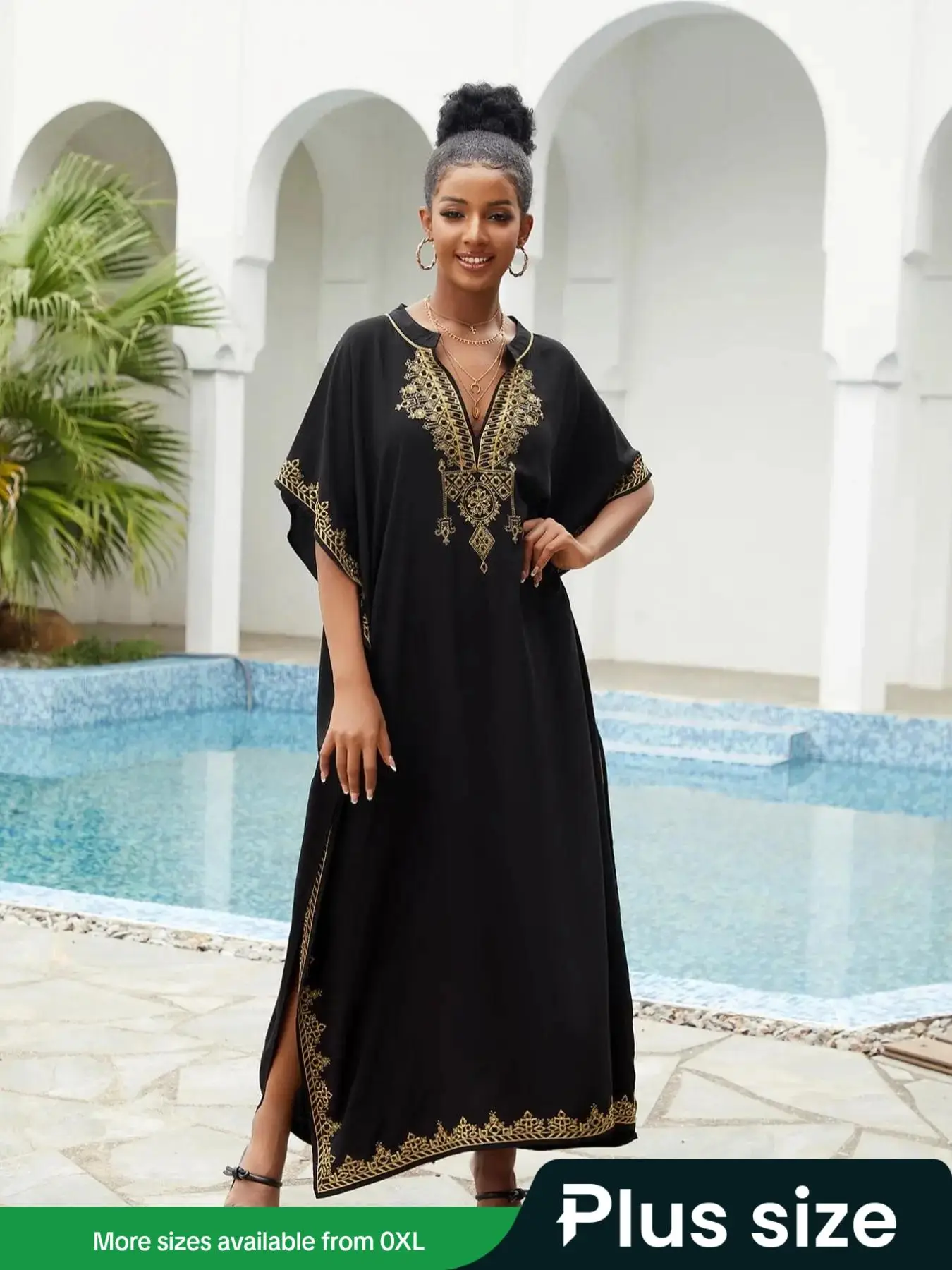 【Plus Size】Ethnic Pattern Split Hem Arabian Dress, Modesty Elegant Batwing Sleeve Notched Neck Long Dress, Islamic Summer Clothes Women, Plus Size Dre