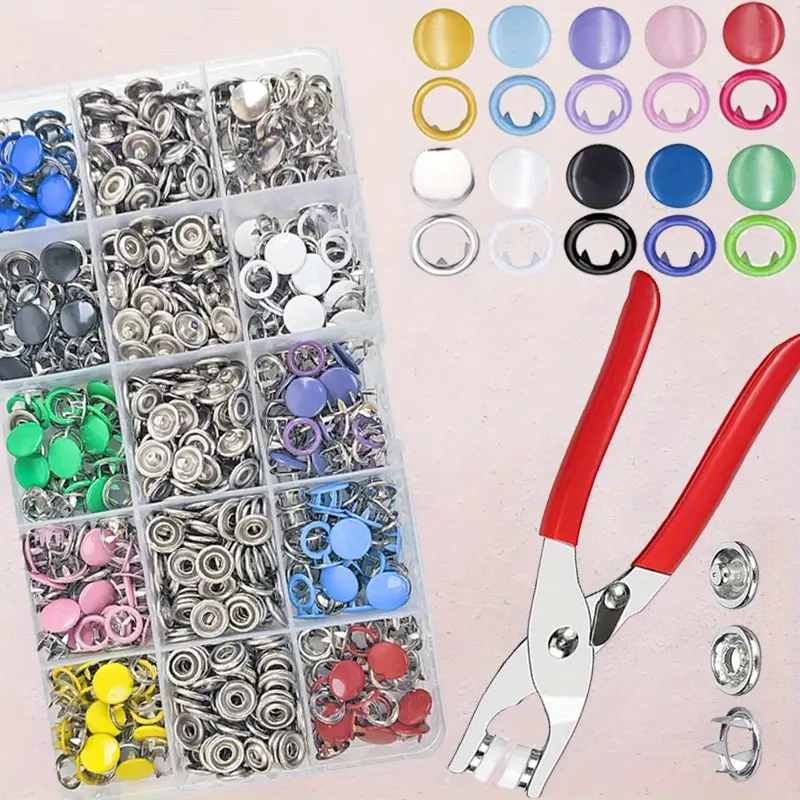 200 sets/800pcs metal snap buttons with fastener pliers pressing tool kit, no-sew button fasteners for clothes, backpacks, sewing DIY crafts, sewing tools