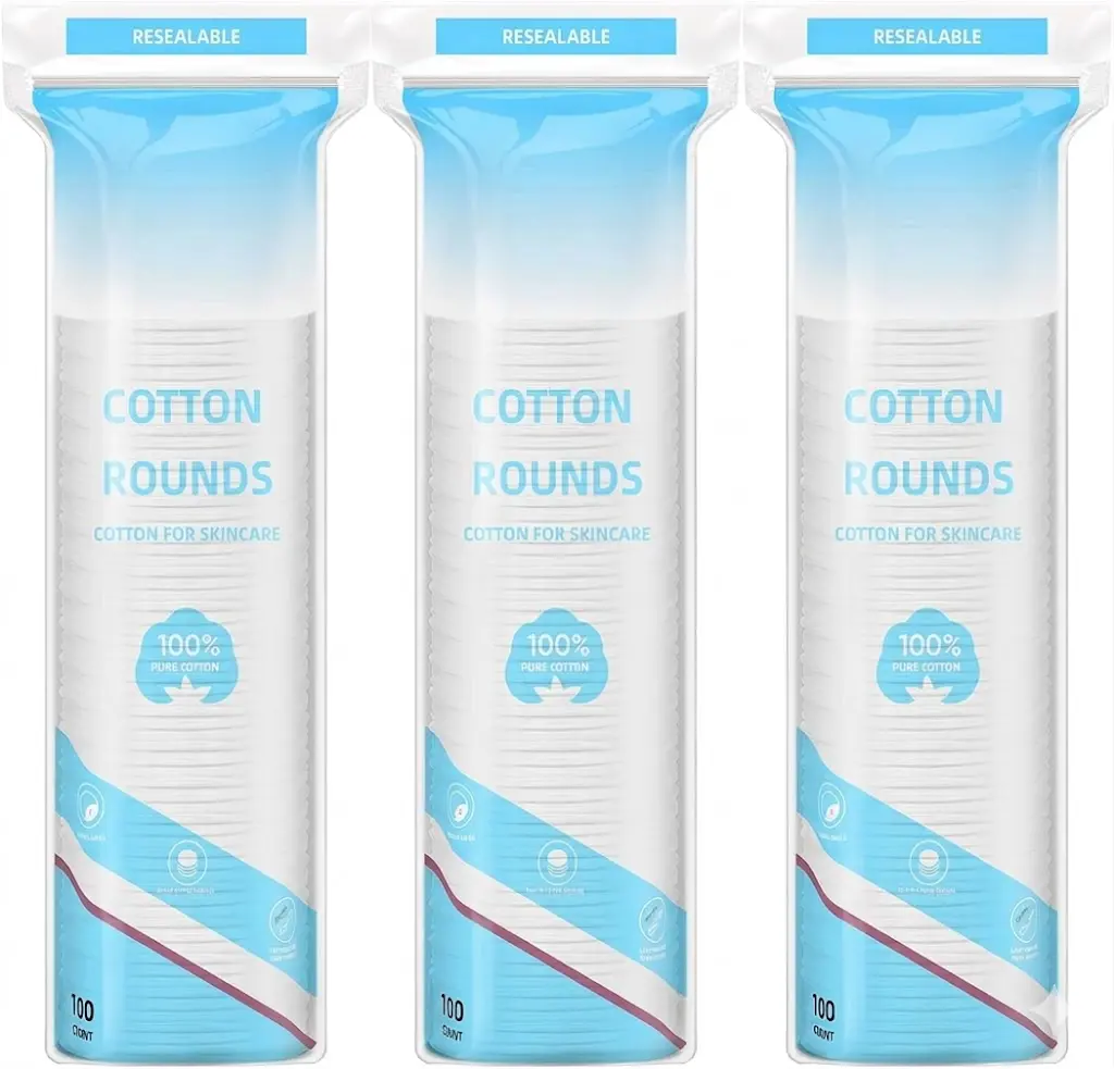 Cotton Rounds for Facial Cleansing and Nail Polish Removal - 100% Pure Cotton, Hypoallergenic Makeup Remover Pads, Lint-Free Multi-Layer Design (100 Count, Pack of 3)