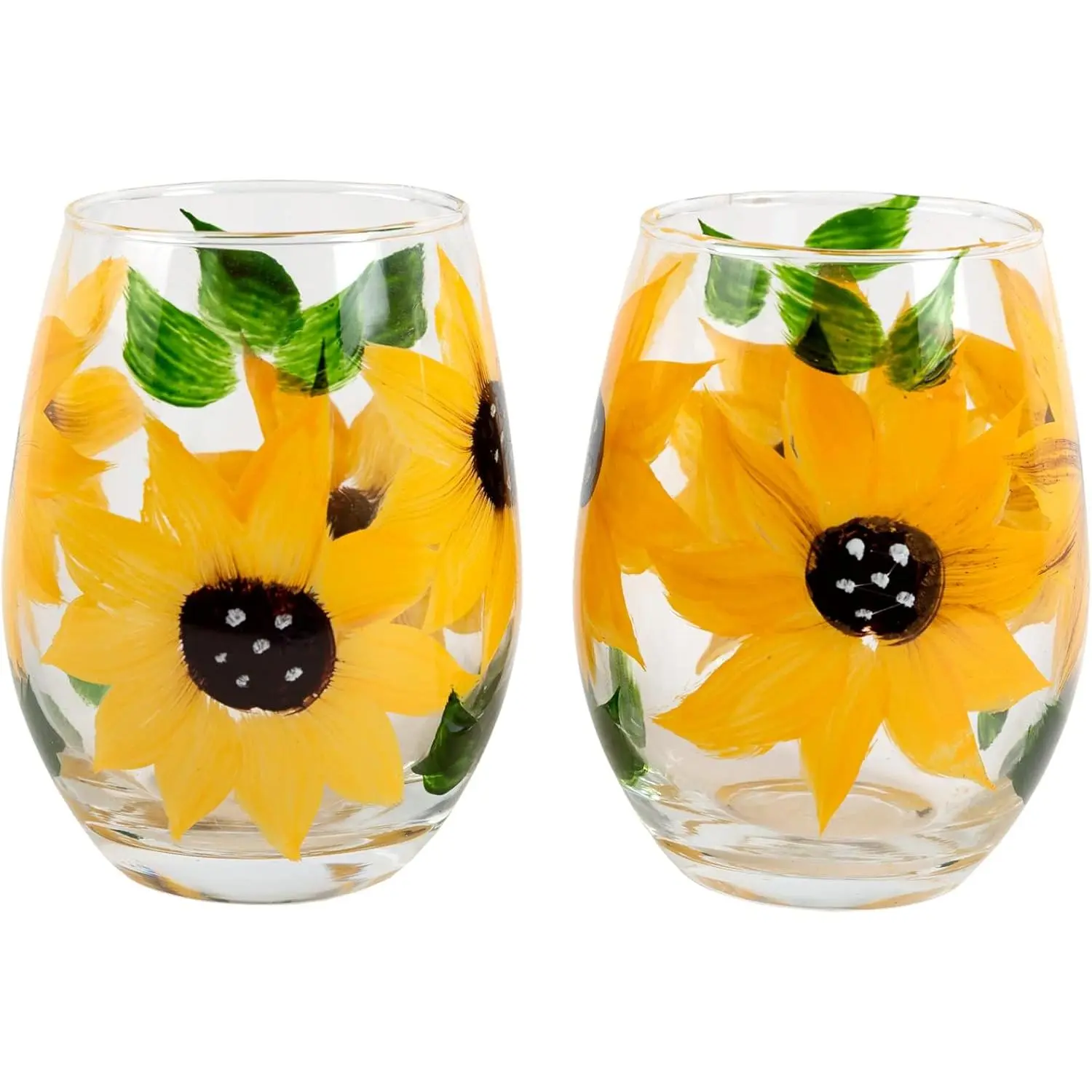 Hand-Painted Sunflower Stemless Wine Glass Set - Rustic Country Farmhouse Decor - Kitchen Gift, Set of 2