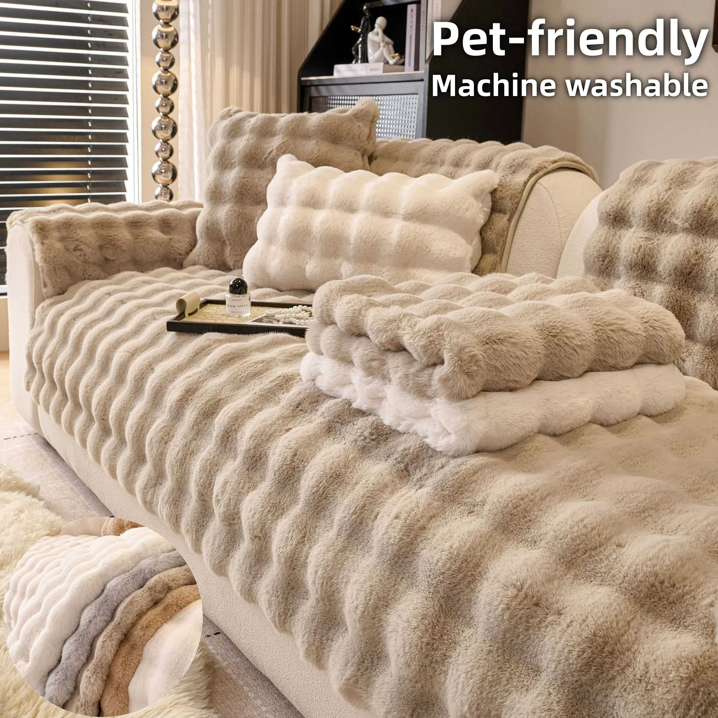 Faux Fur Sofa Cushion Cover, 1 Count Thick Warm Plush Couch Cover, Pet Friendly Non Slip Sofa Mat, Machine Washable Beige Cream Sofa Blanket for 1-4 Seater, Living Room Furniture Protector, Soft Sofa Protector, Universal Sofa Protector