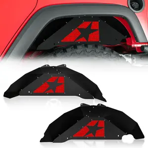【Yzona】Rear Inner Fender Liners Compatible with 2007-2018 Jeep Wrangler JK & JKU 2/4 Doors, Slanted Red Star Logo Mud Guards Back Wheel Well Liners Steel Fender Flares Cover (2 PCS)