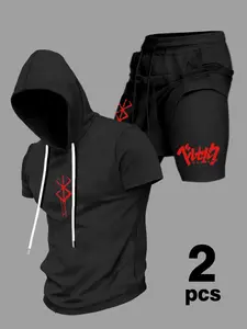 Berserk 2-Piece Short Set: Black Short Sleeve Hoodie & Double-Layer Shorts with Iconic Red Sacrifice Logo & Japanese Kanji | Anime Streetwear for Men & Women | Casual Techwear Loungewear