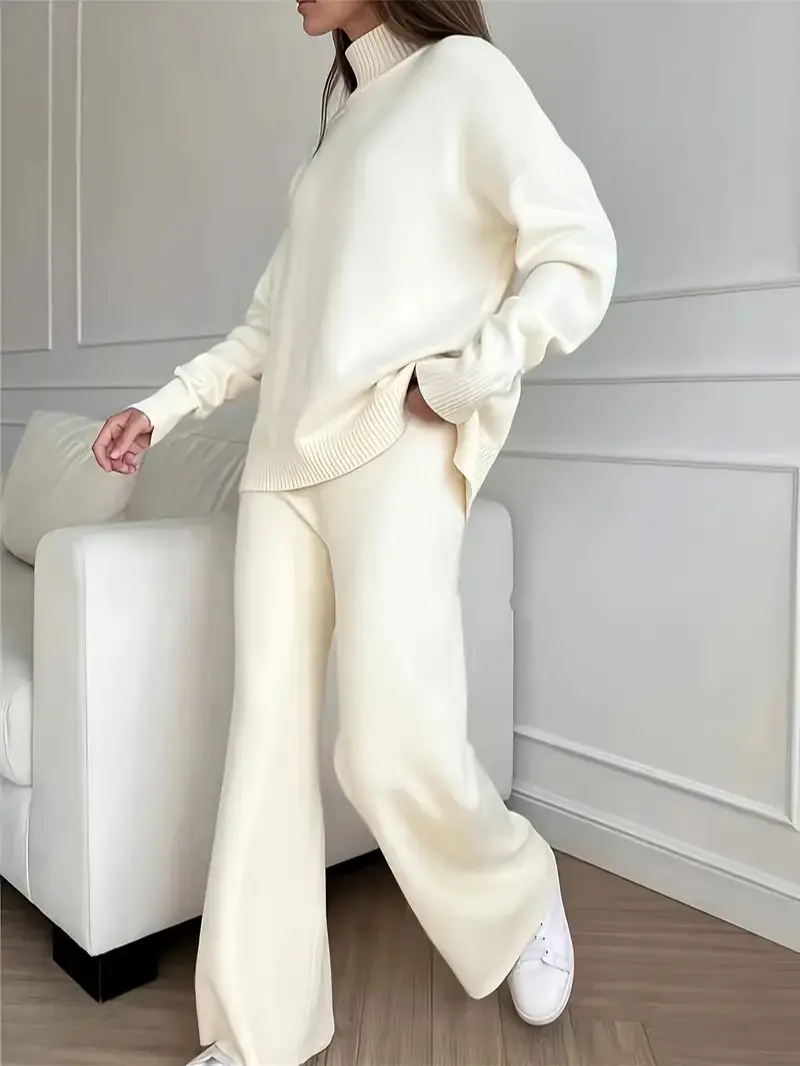 1 Set Solid Color High Collar Knitted Women's Autumn Winter Outfit Lazy Style Wool Wide Leg Pants Two-Piece Set