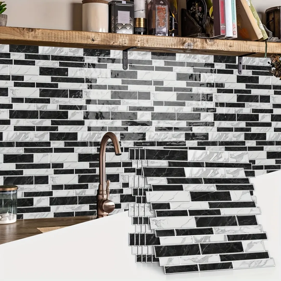Self-Adhesive Irregular Tiles, Gold Mosaic Wall Bricks, Striped Grid Pattern, Vinyl Marble Wall Stickers, Easy Peel & Stick, Kitchen Decor