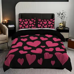 3pcs Pink heart pattern printed fashionable bedding set, 1*quilt cover+2*pillowcase, polyester fiber bedding set, king, couple or single size bed, suitable for girls and women bedrooms