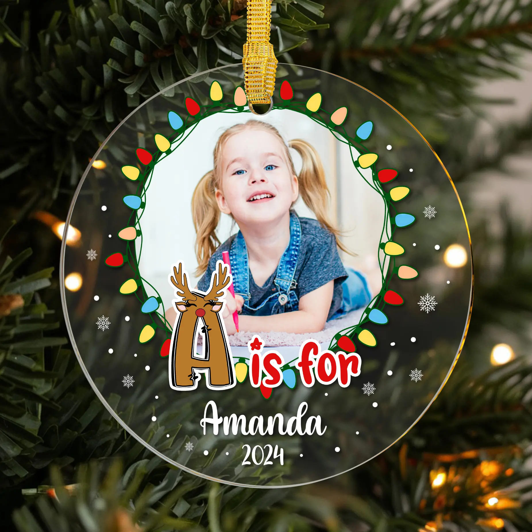 Custom Kids Christmas Ornament 2024, Personalized Photo Ornament With Name And Initial, Reindeer Design, Perfect Holiday Gift For Children’s Christmas Tree Decoration