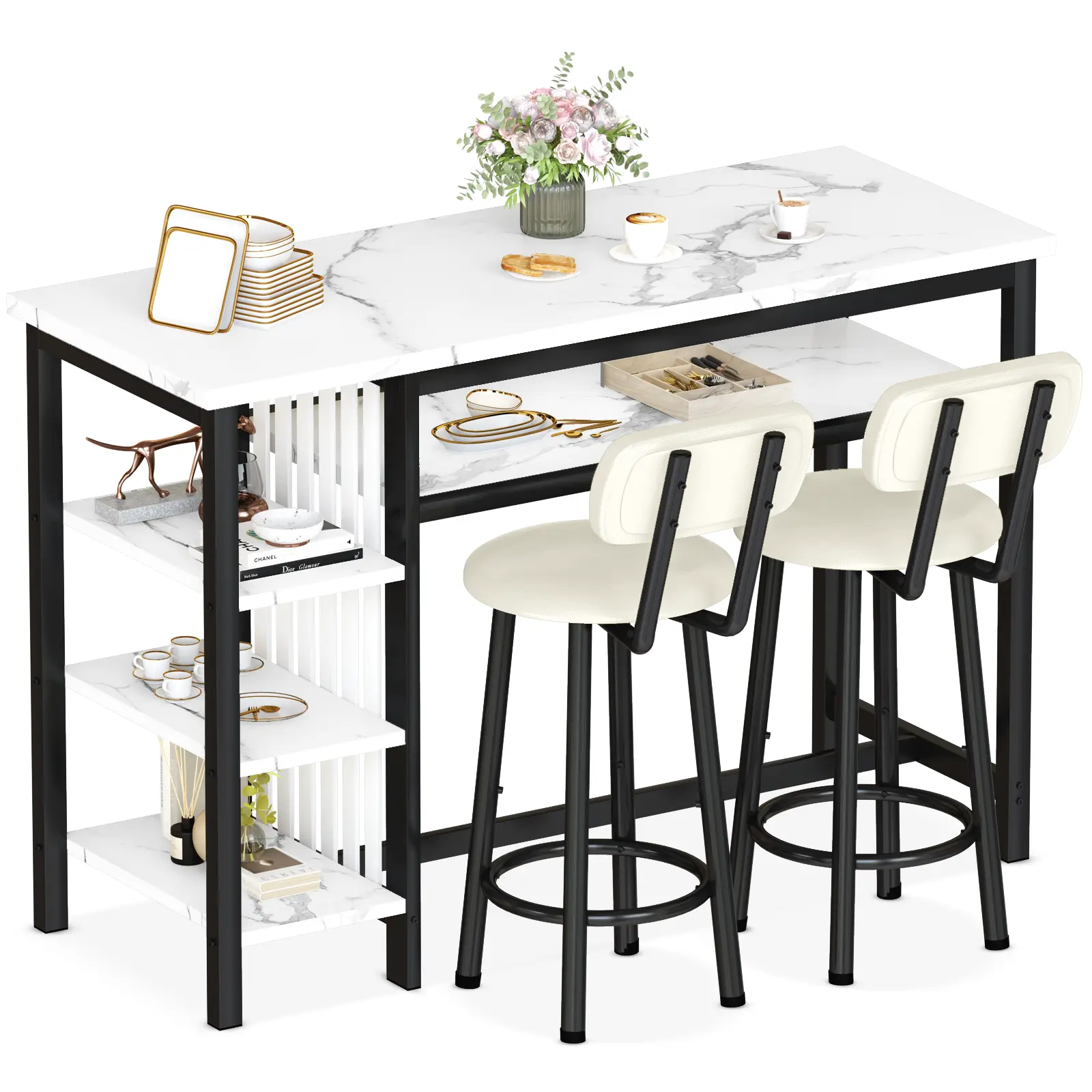 DKLGG 2-Person Modern Compact Kitchen Bar Height Dining Set - 5-Tier White Faux Marble Table, PU Leather Seats, Black Frame for Home Indoor Furniture Set