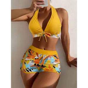 New Split Bikini Top Solid Color Halter Printed Briefs Style Swimsuit for Women bikini sets