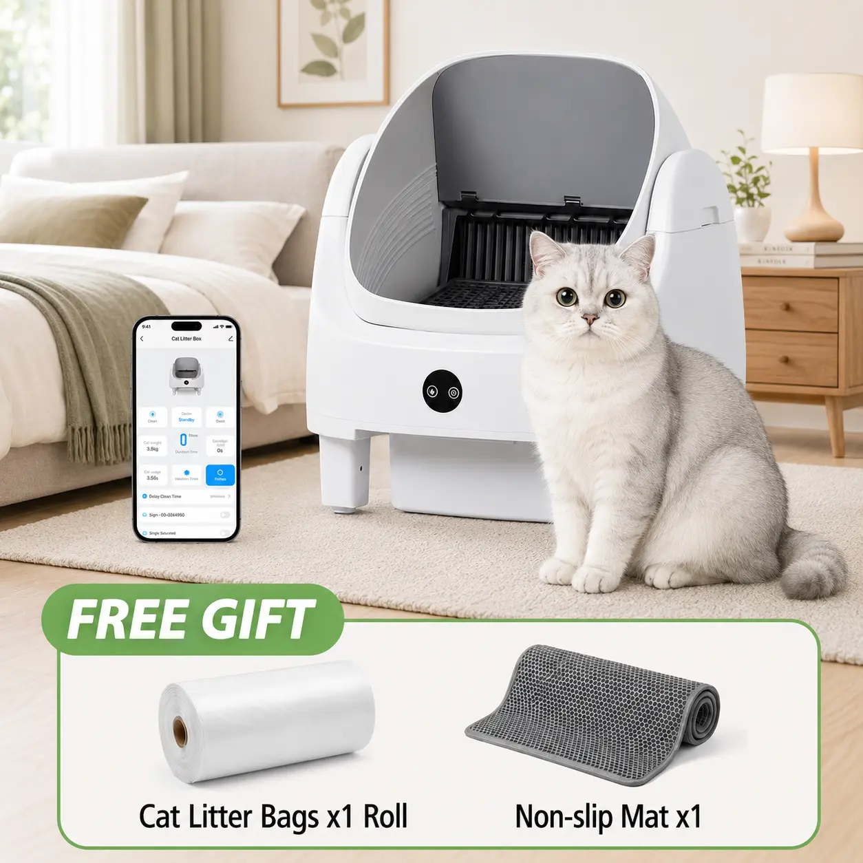 Aoxun Cat Litter Boxes Self Cleaning Litter Box Odor Control＆Safety Protection for Multiple Cats with Garbage Bag, Cat Litter Mat and Fragrance Box