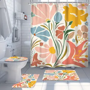 1pc/4pcs Boho Shower Curtain Set, Bohemian Colorful Flowers Bathroom Sets Full Set, Spring Wildflowers Bathroom Decor and Accessories, Women Bathroom Set with Shower Curtain and Rug, Polyester Fabric Shower Curtain Bathroom Decor with 12 Ho
