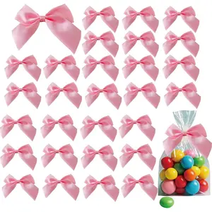 50 count Pink Satin Ribbon Bows, Pink Bows for  Wrapping, Pink Bows Twist Tie Bows with Double-Sided Tape for  Bags Wrapping for  Shower Wedding Decorations(2.7x2.5 Inch)
