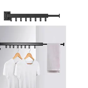 HYGRAD BUILT TO SURVIVE Space Saving Wall Mounted Clothes Drying Rack, Foldable Laundry Drying Organizer Rack Collapsible, Retractable Outdoor Indoor Hanging Clothes with 18 Hooks - Metal