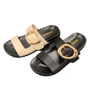 WOMENS SLIDE SANDAL WITH GOLD BUCKLE DETAIL SPEED