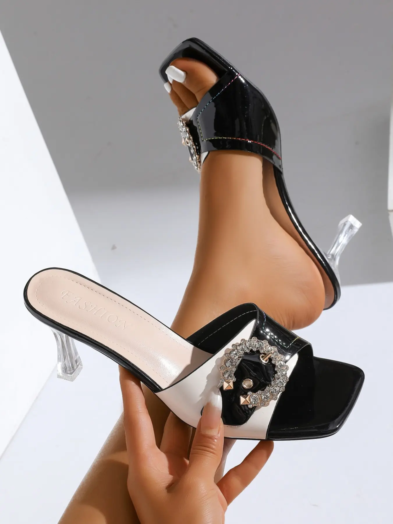 Elegant Women's Half Slipper Sandals, New French Style Summer Outdoor Chunky Heel Slippers, Fashion Patchwork High-Heeled Toe-Exposed Shoes