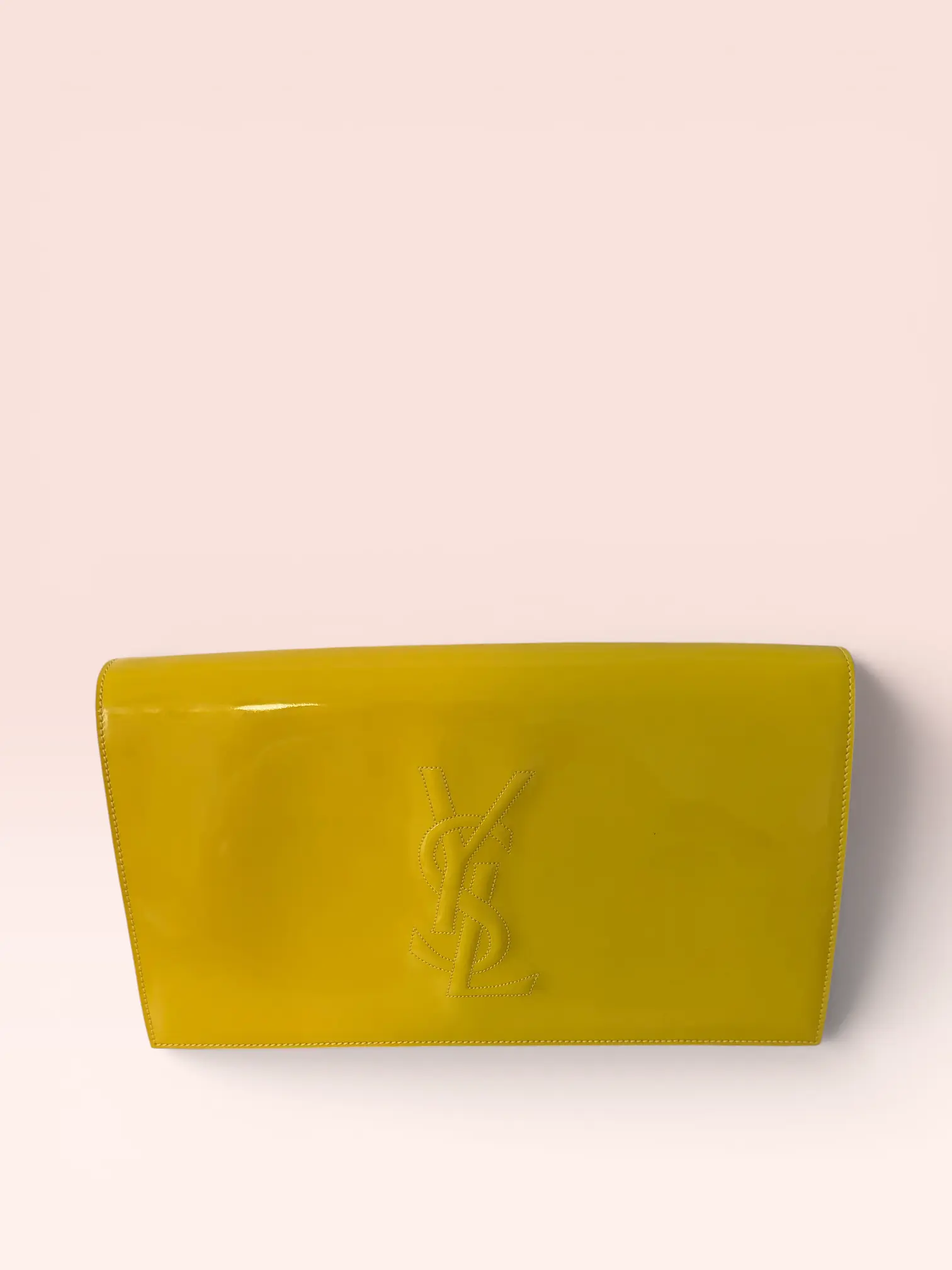 Pre-owned Yves Saint Laurent Patent Leather Clutches & Wristlets Sleek Belle De Jour Clutch Good Condition, 11" x 6.5" x 2", Notes on Stains & Discoloration (Wristlet Ready Design)