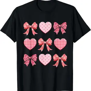Coquette Hearts and Bows T-Shirt, Cute Pink Leopard Gingham Graphic Tee, Valentines Day Coquette Aesthetic Shirt, Casual Cotton Top For Women