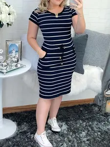 Women's Striped Short Sleeve Shirt Dress - Casual & Elegant Summer Fashion with Drawstring Waist & Pockets