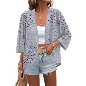 Womens Summer Crochet Cardigan Sweaters Lightweight Open Front 3/4 Sleeve Batwing Kimono Boho Knit Cover Ups