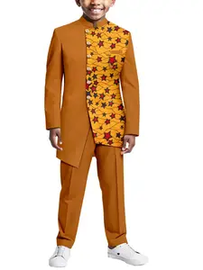 Traditional African Culture Clothing 2 Piece Set, Dashiki Boys Outfit, Long Sleeve Top, Button Front Shirt, Printed Design, Hemline Slit, Elastic Waistband, Pocket, Full Length Trousers, All Season Set, Holiday Attire, Cute Clothes, Boys Ages 6-13 Orange