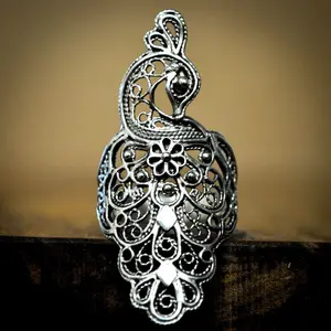 Handcrafted Turkish Filigree Peacock Statement Ring in 925 Sterling Silver - Intricate Large Peacock 925 Sterling Silver Statement Ring Size 10