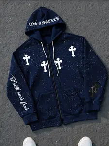 Men's Spring Fall Hooded Sweatshirt, Silver Color Gothic Font Pullover, Long Sleeve Fitted Casual Wear for Running and Daily Use, Cross Print Hoodie