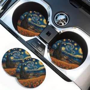 2-Pack EVA Material Coasters with Starry Night and Sunflower Design for Cup Holders, Absorbent Non-Slip Vehicle Coasters