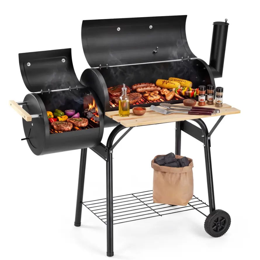 Segmart Charcoal Grill with Offset Smoker, Portable Outdoor Barrel Grill with Front Shelf, Built-In Thermometer & Wheels, 338 Sq. In. Cooking Area, Ideal for Backyard Patio BBQ